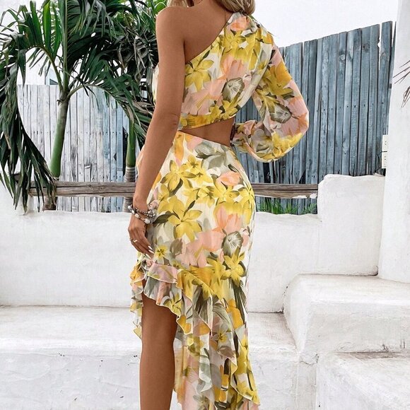 Multicolor Preppy Women's Beach Outfits One-Shoulder Romantic Print Floral Dress - Picture 3 of 6